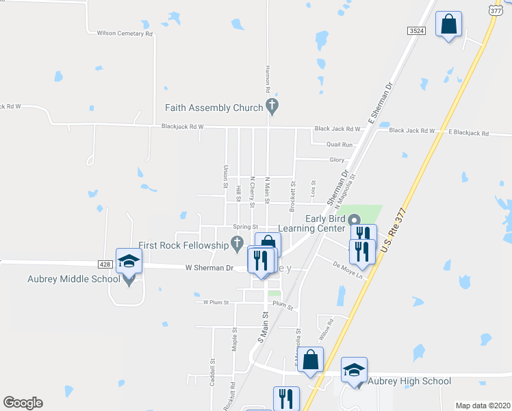 map of restaurants, bars, coffee shops, grocery stores, and more near 410 North Cherry Street in Aubrey