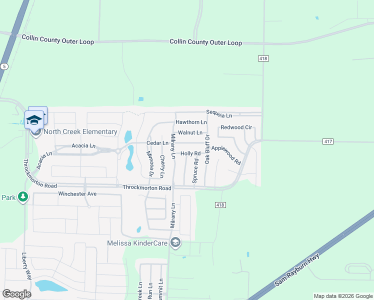 map of restaurants, bars, coffee shops, grocery stores, and more near 3503 Holly Road in Melissa