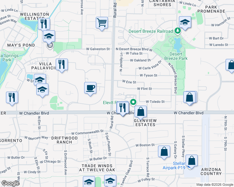 map of restaurants, bars, coffee shops, grocery stores, and more near 245 North Rural Road in Chandler