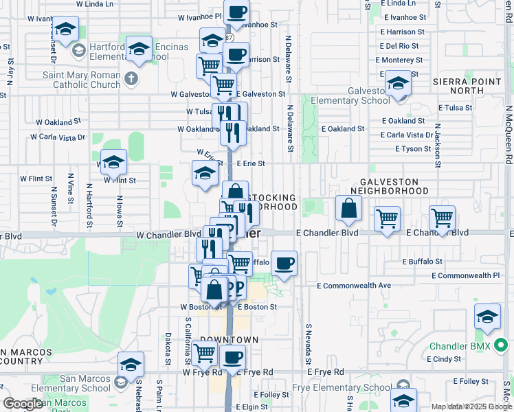 map of restaurants, bars, coffee shops, grocery stores, and more near 283 North Washington Street in Chandler