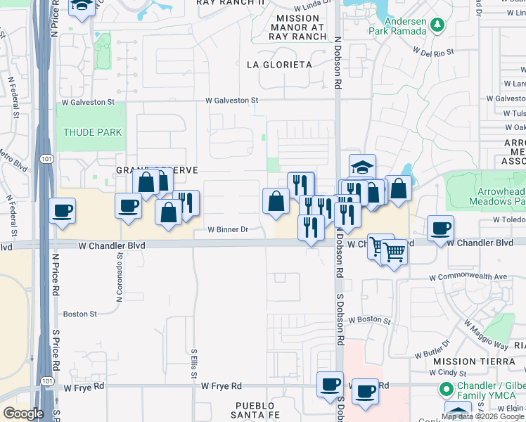 map of restaurants, bars, coffee shops, grocery stores, and more near 301 North Carriage Lane in Chandler