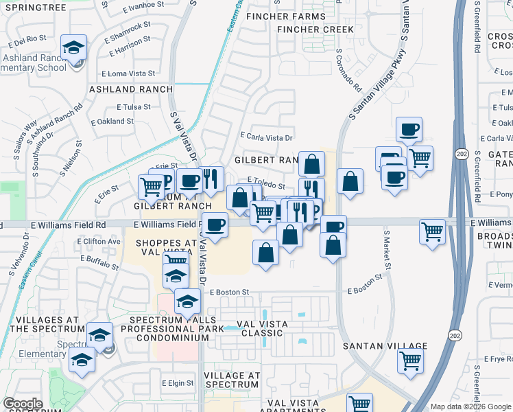 map of restaurants, bars, coffee shops, grocery stores, and more near 1776 East Morgan Drive in Gilbert