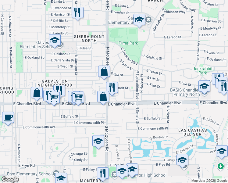 map of restaurants, bars, coffee shops, grocery stores, and more near 263-299 North McQueen Road in Chandler