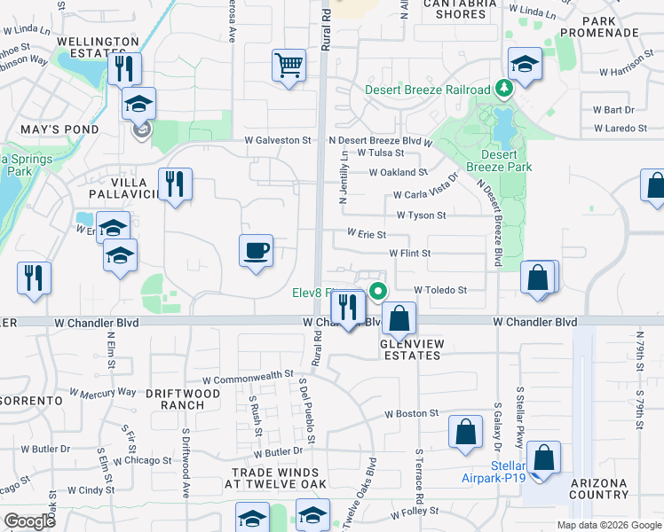 map of restaurants, bars, coffee shops, grocery stores, and more near 245 North Rural Road in Chandler