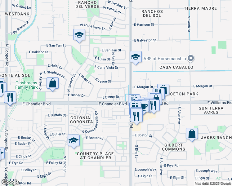 map of restaurants, bars, coffee shops, grocery stores, and more near 2880 East Binner Drive in Chandler