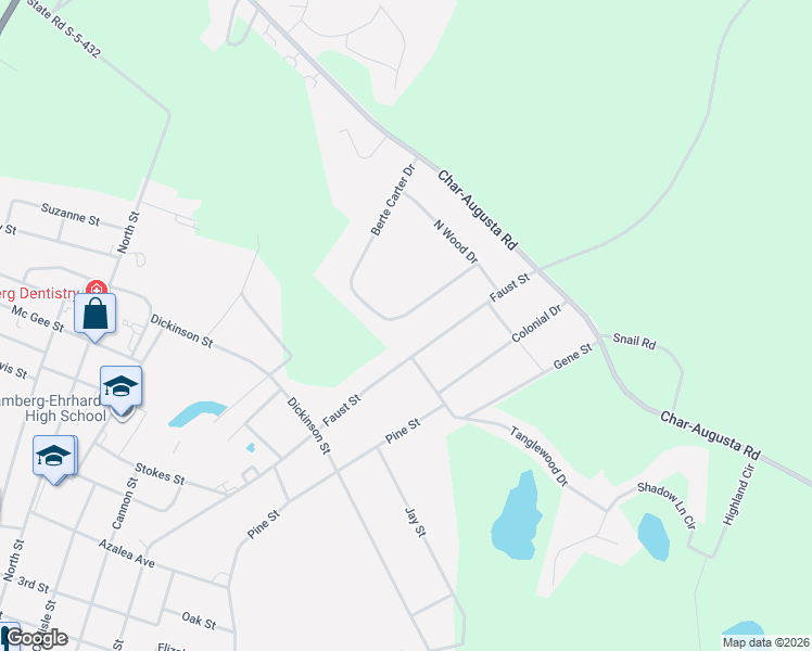 map of restaurants, bars, coffee shops, grocery stores, and more near 498 Berte Carter Drive in Bamberg