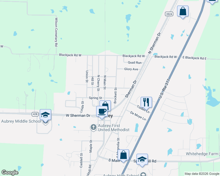 map of restaurants, bars, coffee shops, grocery stores, and more near 102 East North Street in Aubrey