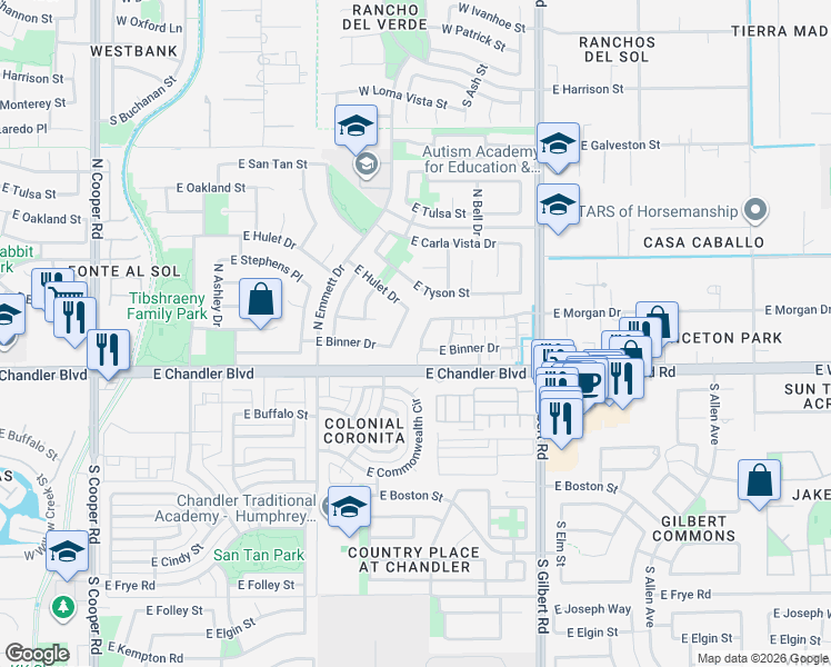 map of restaurants, bars, coffee shops, grocery stores, and more near 253 North Kimberlee Way in Chandler
