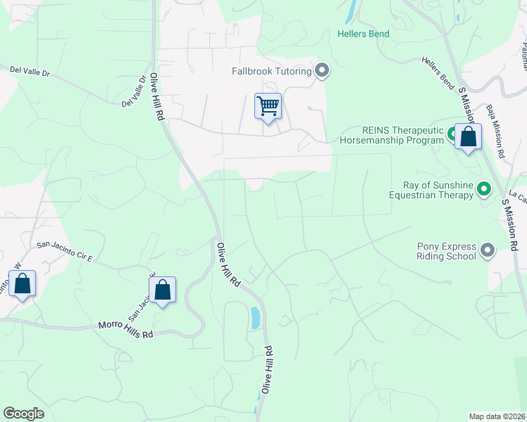 map of restaurants, bars, coffee shops, grocery stores, and more near 6 Country Glen Road in Fallbrook