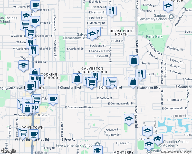 map of restaurants, bars, coffee shops, grocery stores, and more near 350 North Ithica Street in Chandler