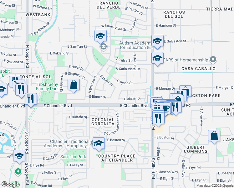 map of restaurants, bars, coffee shops, grocery stores, and more near 253 North Kimberlee Way in Chandler