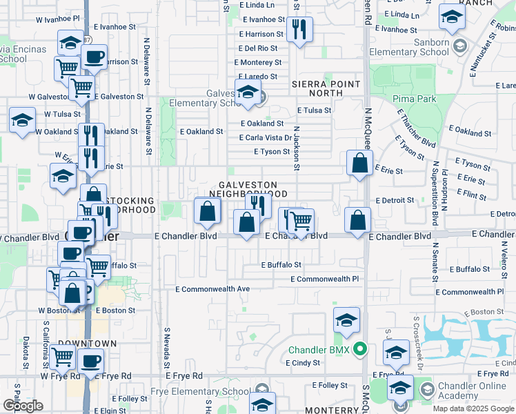 map of restaurants, bars, coffee shops, grocery stores, and more near 350 North Ithica Street in Chandler