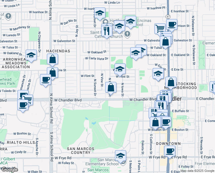 map of restaurants, bars, coffee shops, grocery stores, and more near 282 North Hartford Street in Chandler