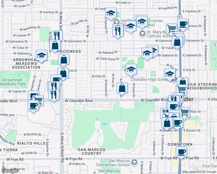 map of restaurants, bars, coffee shops, grocery stores, and more near 680 West Toledo Street in Chandler