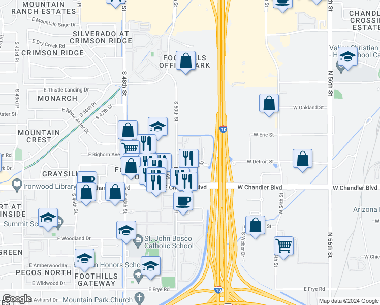 map of restaurants, bars, coffee shops, grocery stores, and more near 15251 South 50th Street in Phoenix