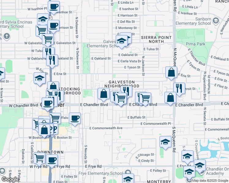 map of restaurants, bars, coffee shops, grocery stores, and more near 601 East Detroit Street in Chandler