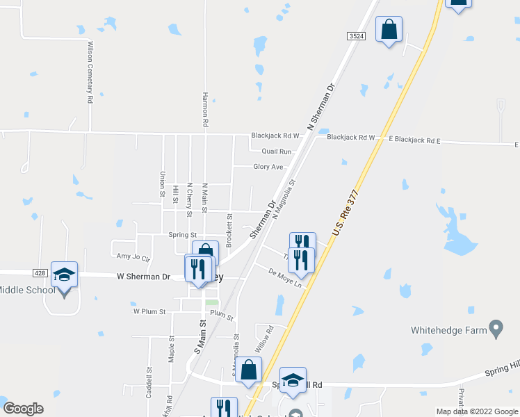 map of restaurants, bars, coffee shops, grocery stores, and more near 303 East North Street in Aubrey