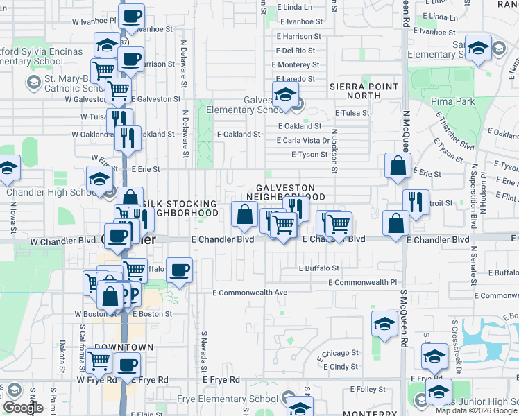 map of restaurants, bars, coffee shops, grocery stores, and more near 601 East Detroit Street in Chandler