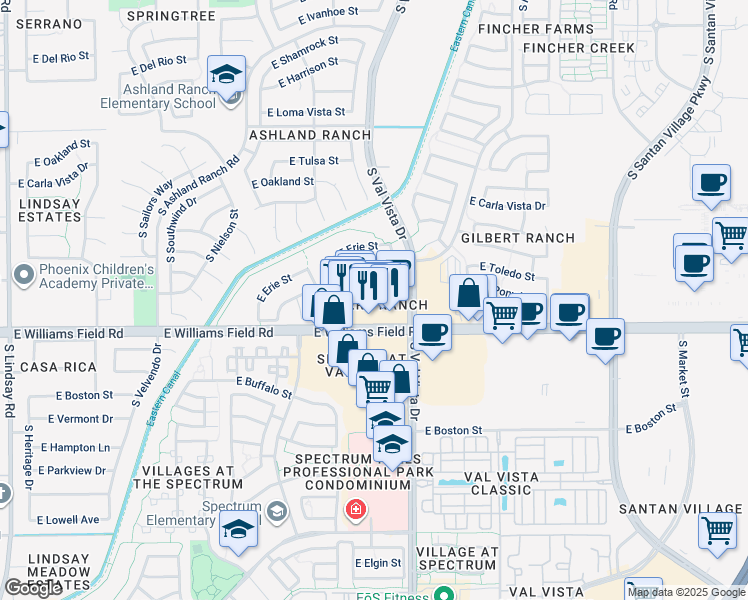 map of restaurants, bars, coffee shops, grocery stores, and more near 1524 East Williams Field Road in Gilbert