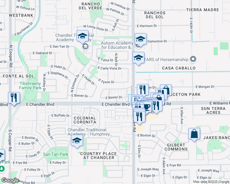 map of restaurants, bars, coffee shops, grocery stores, and more near 2921 East Binner Drive in Chandler