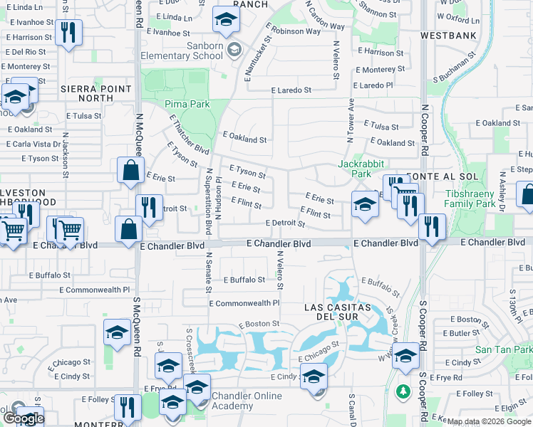 map of restaurants, bars, coffee shops, grocery stores, and more near 1474 East Detroit Street in Chandler