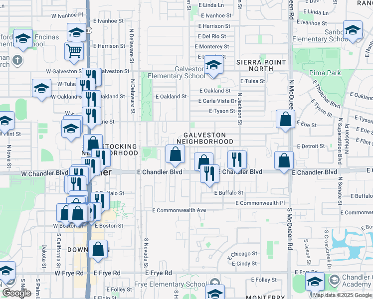 map of restaurants, bars, coffee shops, grocery stores, and more near 601 East Detroit Street in Chandler