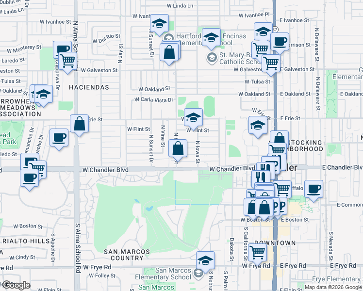 map of restaurants, bars, coffee shops, grocery stores, and more near 282 North Hartford Street in Chandler