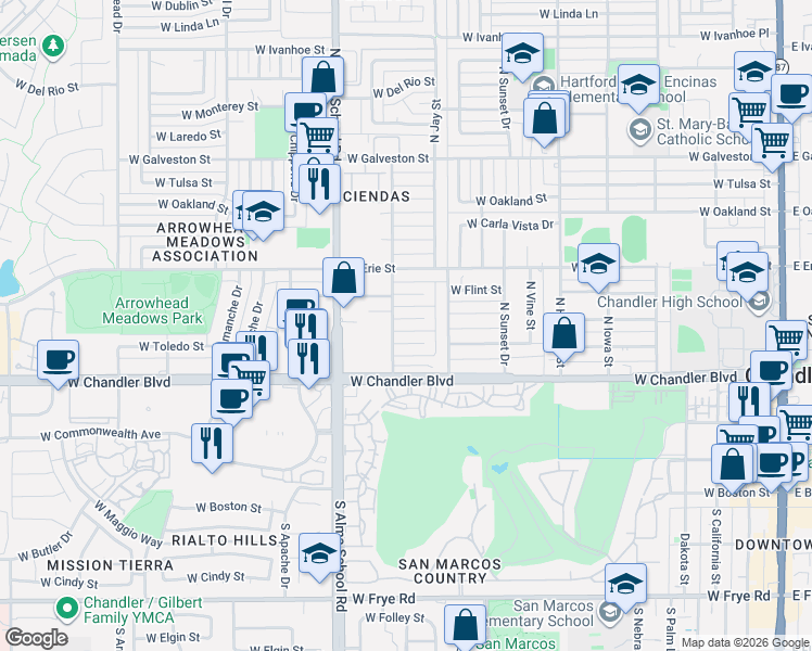 map of restaurants, bars, coffee shops, grocery stores, and more near 810 West Toledo Street in Chandler