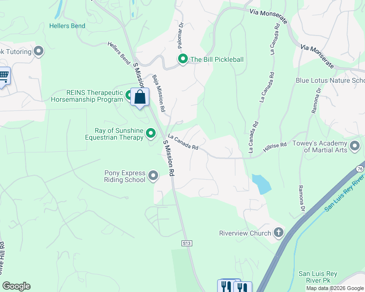 map of restaurants, bars, coffee shops, grocery stores, and more near 4646 South Mission Road in Fallbrook