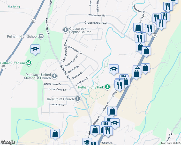 map of restaurants, bars, coffee shops, grocery stores, and more near 548 Creekview Drive in Pelham