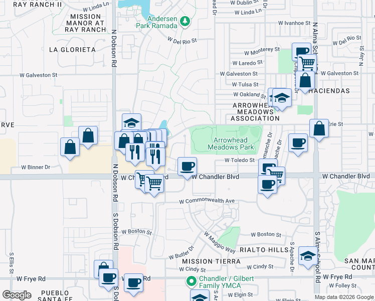 map of restaurants, bars, coffee shops, grocery stores, and more near 333 North Pennington Drive in Chandler