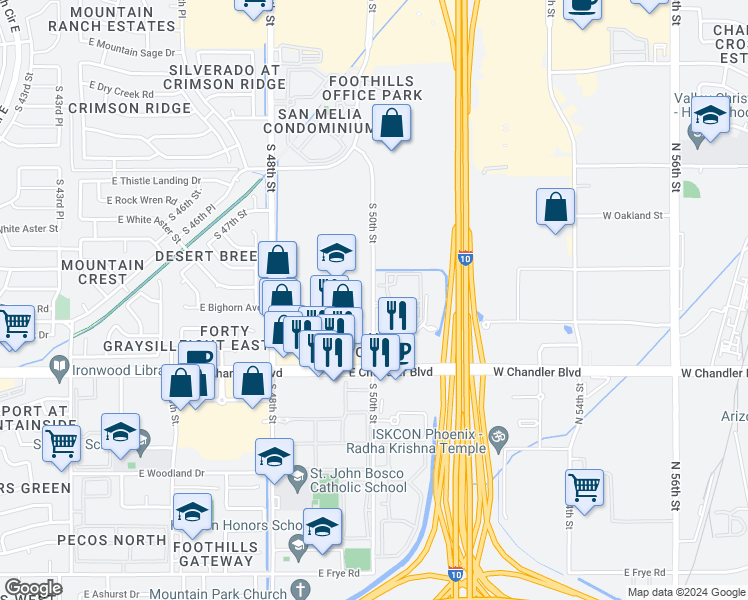 map of restaurants, bars, coffee shops, grocery stores, and more near 15210 South 50th Street in Phoenix