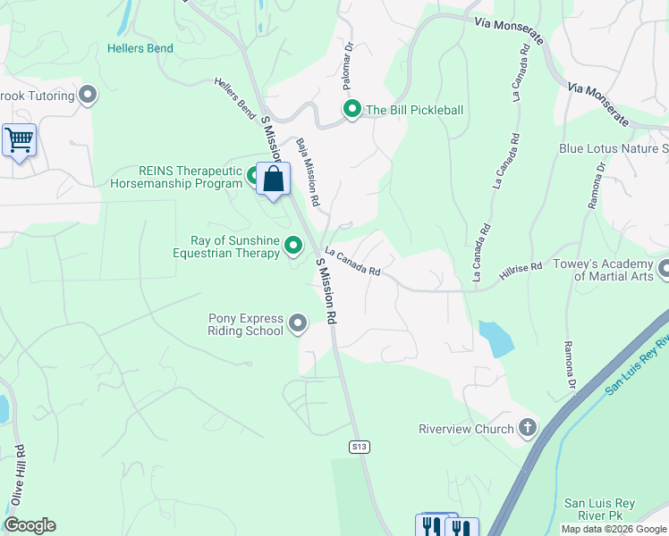 map of restaurants, bars, coffee shops, grocery stores, and more near 4646 South Mission Road in Fallbrook