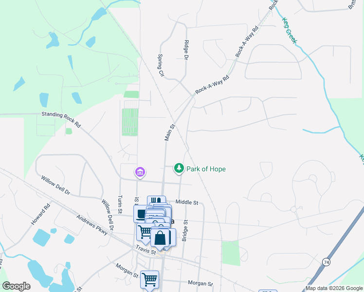 map of restaurants, bars, coffee shops, grocery stores, and more near 99 Coweta Street in Senoia