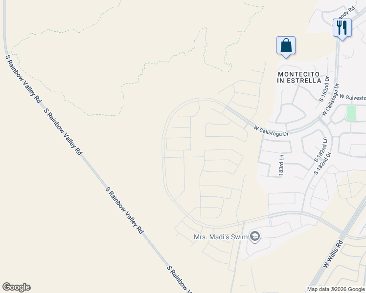 map of restaurants, bars, coffee shops, grocery stores, and more near 18804 West Goldenrod Street in Goodyear