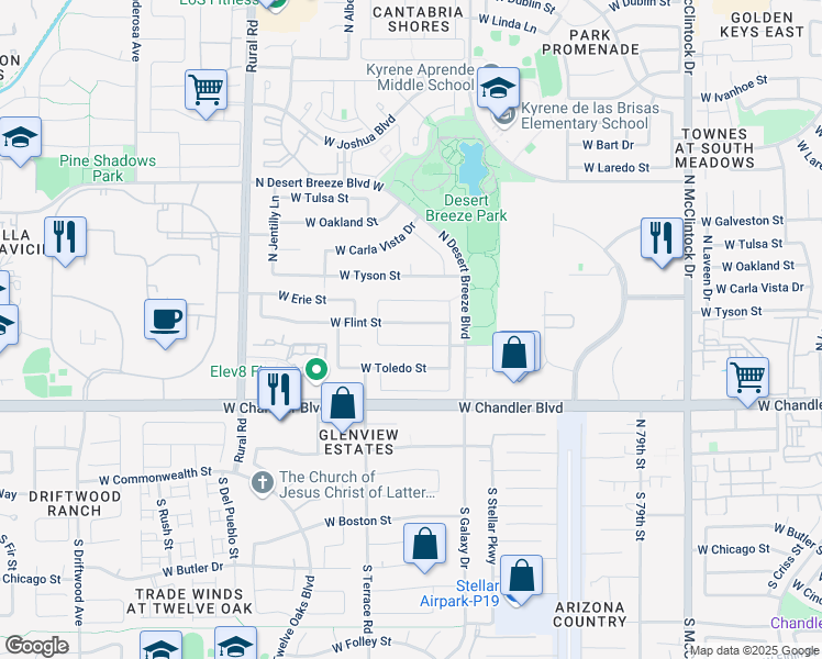 map of restaurants, bars, coffee shops, grocery stores, and more near 4614 West Detroit Street in Chandler