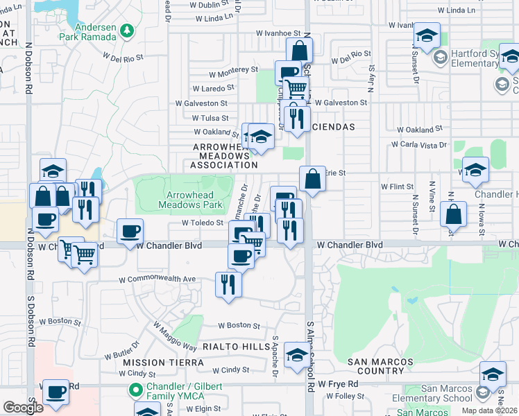 map of restaurants, bars, coffee shops, grocery stores, and more near 270 North Apache Drive in Chandler