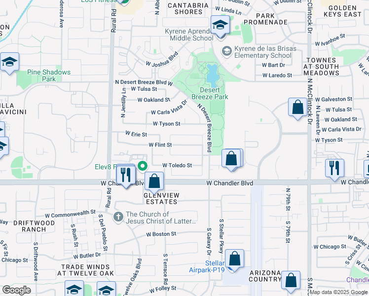 map of restaurants, bars, coffee shops, grocery stores, and more near 4614 West Detroit Street in Chandler