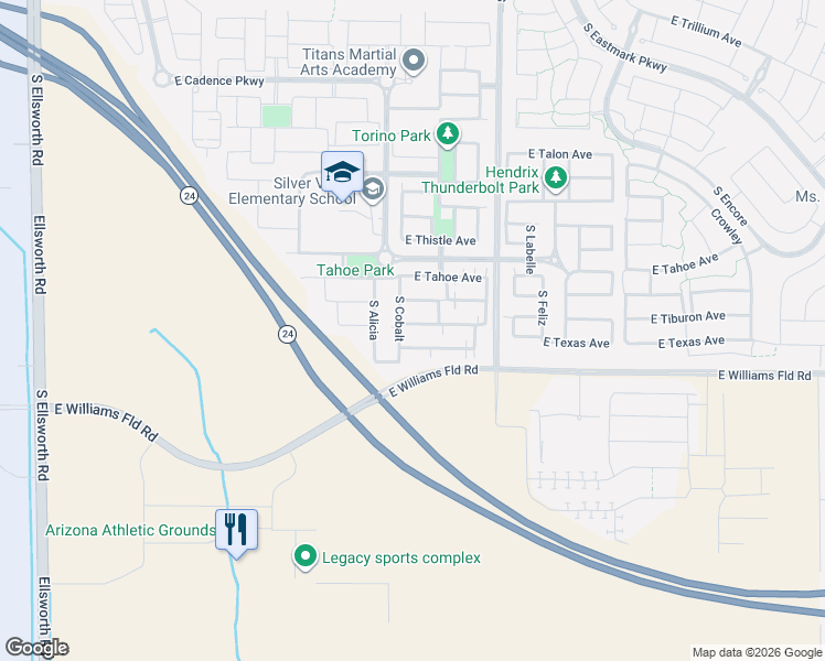 map of restaurants, bars, coffee shops, grocery stores, and more near 5939 South Cobalt in Mesa