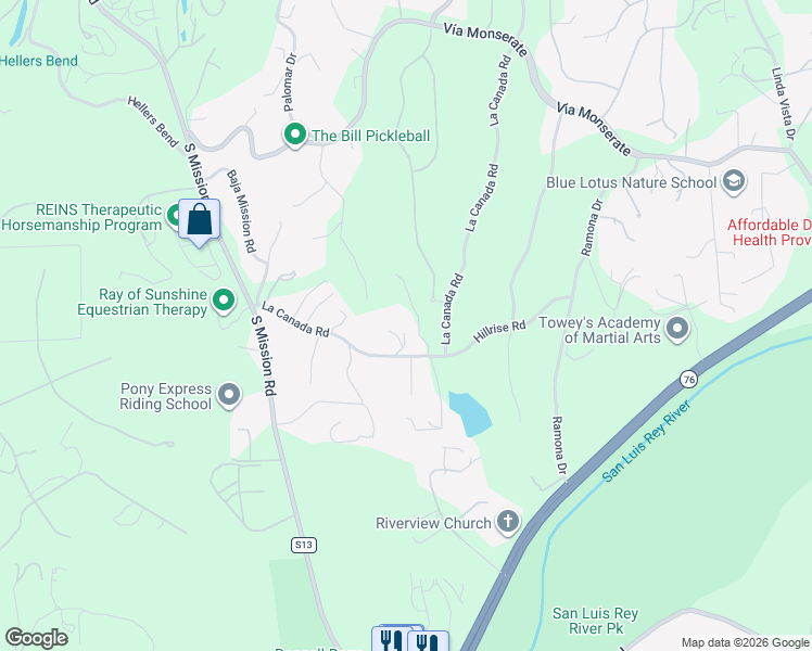map of restaurants, bars, coffee shops, grocery stores, and more near 4439 La Canada Road in Fallbrook