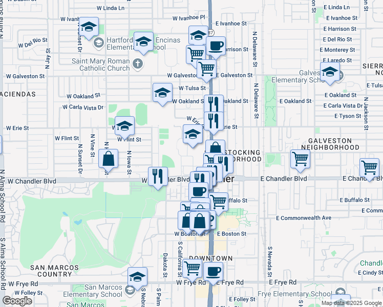 map of restaurants, bars, coffee shops, grocery stores, and more near 350 North Arizona Avenue in Chandler