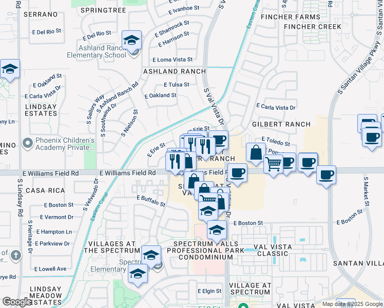 map of restaurants, bars, coffee shops, grocery stores, and more near 2377 South Granite Street in Gilbert