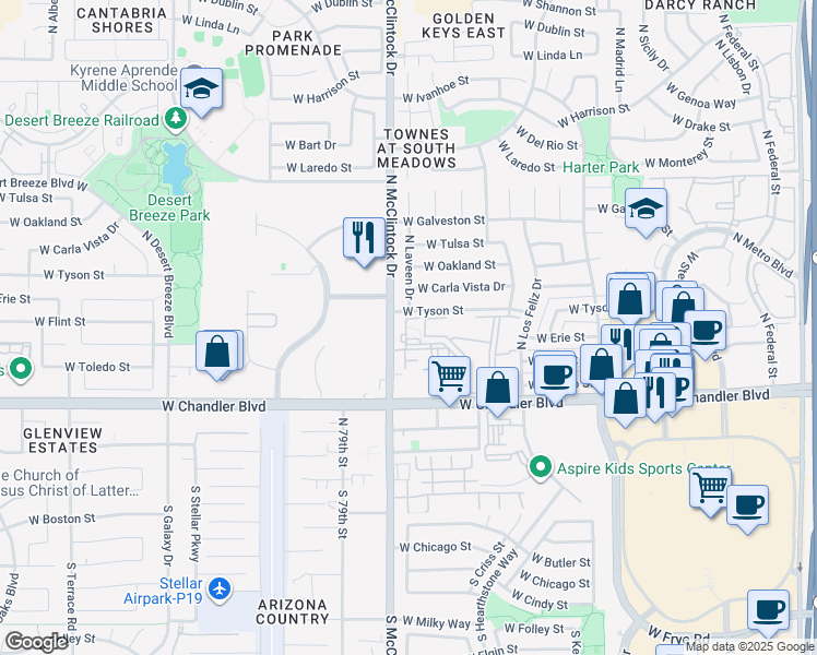 map of restaurants, bars, coffee shops, grocery stores, and more near 3950 West Chandler Boulevard in Chandler