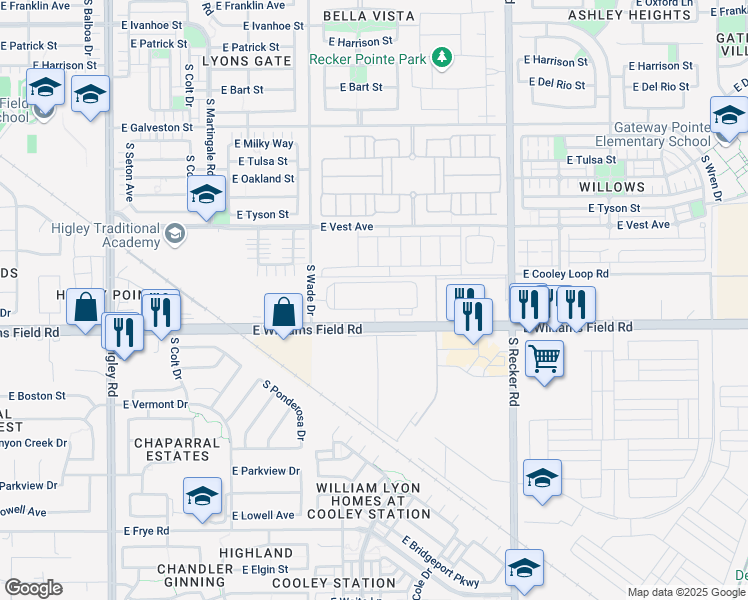 map of restaurants, bars, coffee shops, grocery stores, and more near 17200-17598 E Williams Field Rd in Gilbert