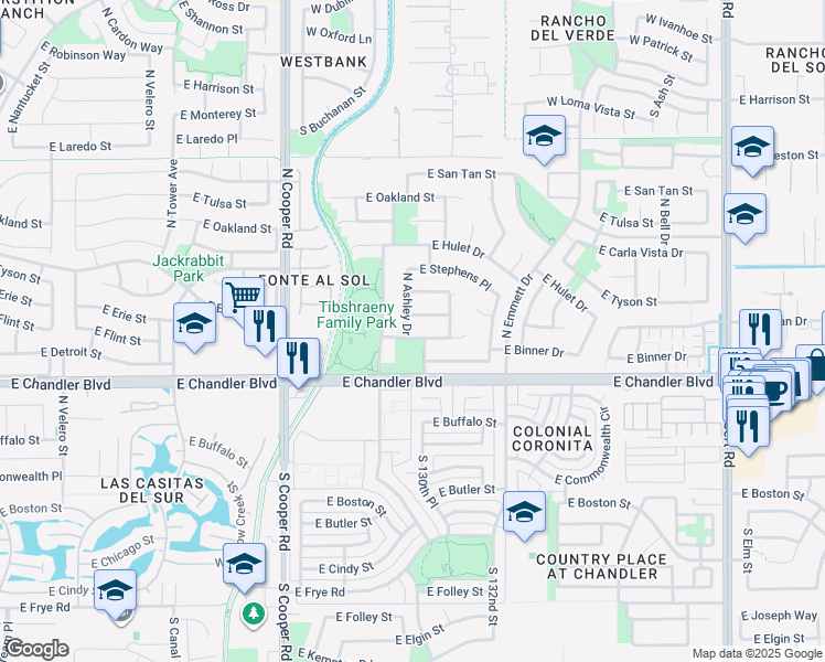 map of restaurants, bars, coffee shops, grocery stores, and more near 241 North Cottonwood Street in Chandler