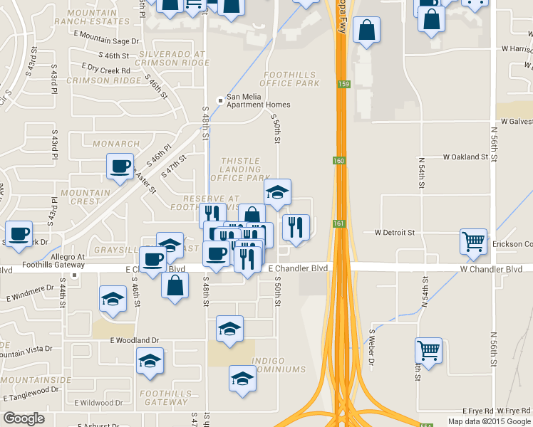 map of restaurants, bars, coffee shops, grocery stores, and more near 15210 South 50th Street in Phoenix