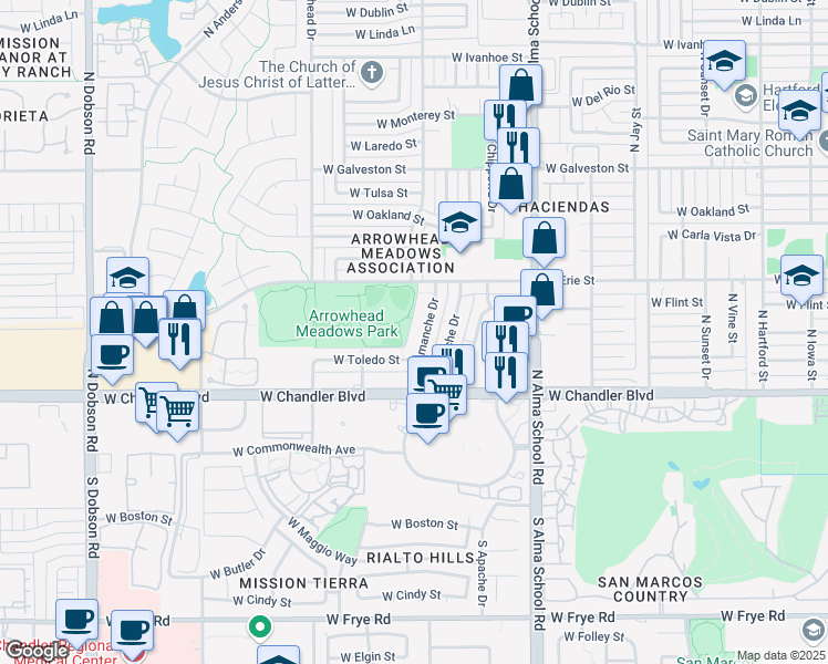 map of restaurants, bars, coffee shops, grocery stores, and more near 330 North Comanche Drive in Chandler