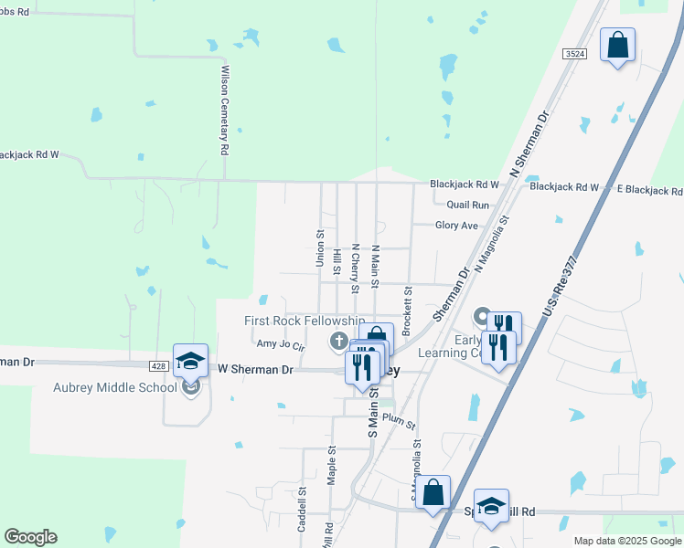 map of restaurants, bars, coffee shops, grocery stores, and more near 502 Hill Street in Aubrey