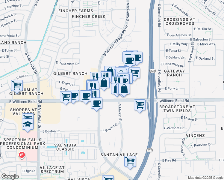 map of restaurants, bars, coffee shops, grocery stores, and more near 15672 East Williams Field Road in Gilbert