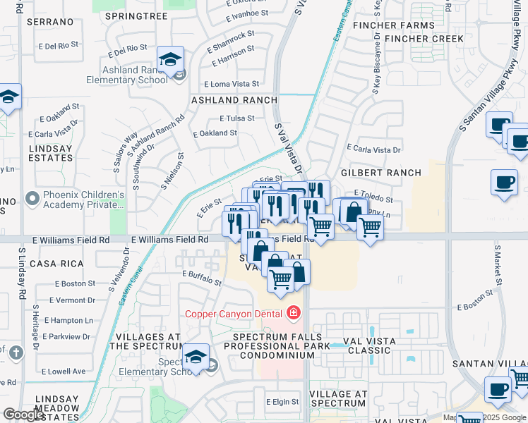 map of restaurants, bars, coffee shops, grocery stores, and more near 1524 East Williams Field Road in Gilbert